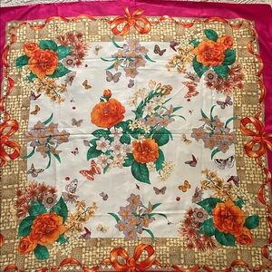 Floral Silk Scarf with Red and Orange Floral and Butterfly Accents